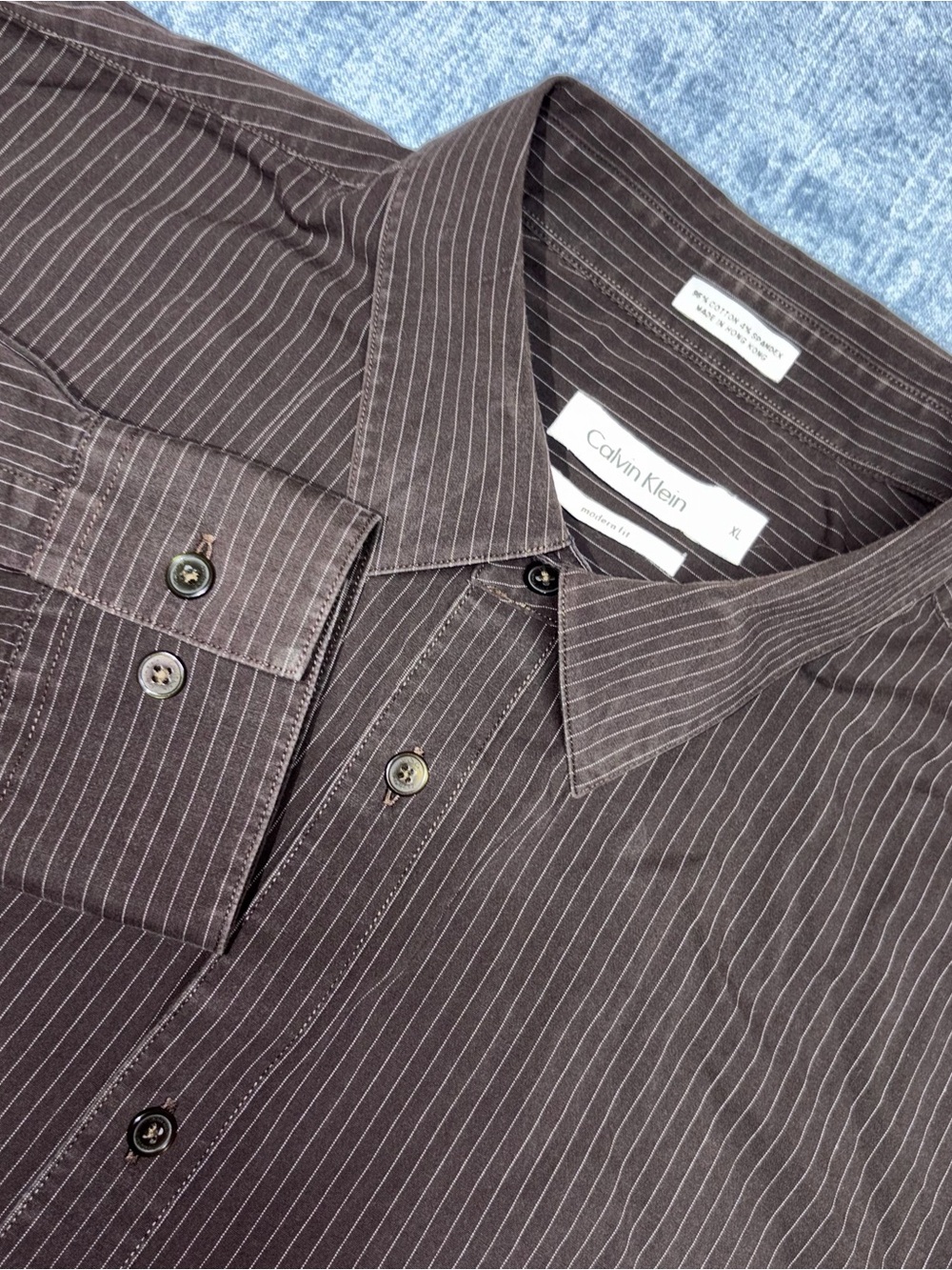 Calvin Klein Men's Brown Pinstripe Dress Shirt